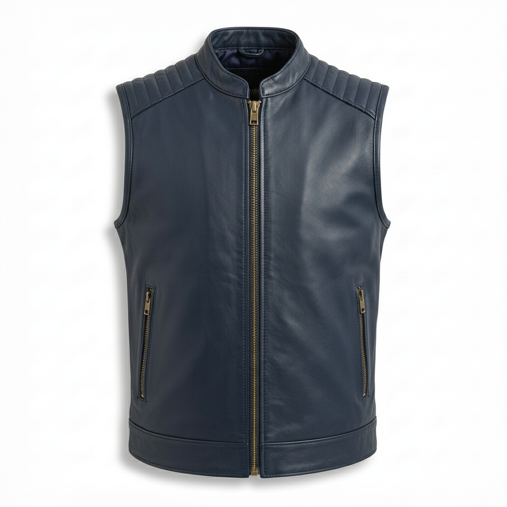 Premium Navy Blue Cowhide Real Leather Vest Blackridge Leathers